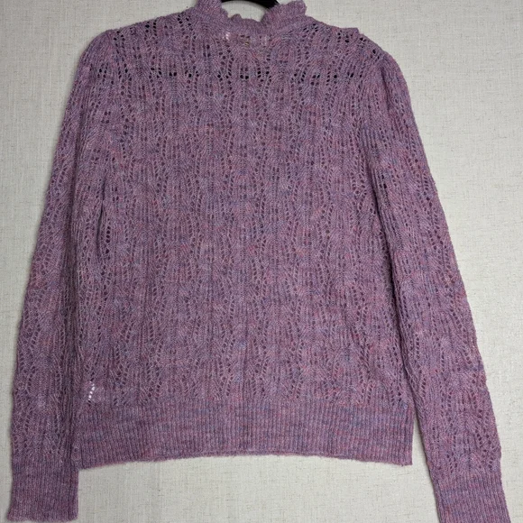 Bishop + Young Ruffle Lace Knit Sweater Purple Mock Neck M - Picture 4 of 9